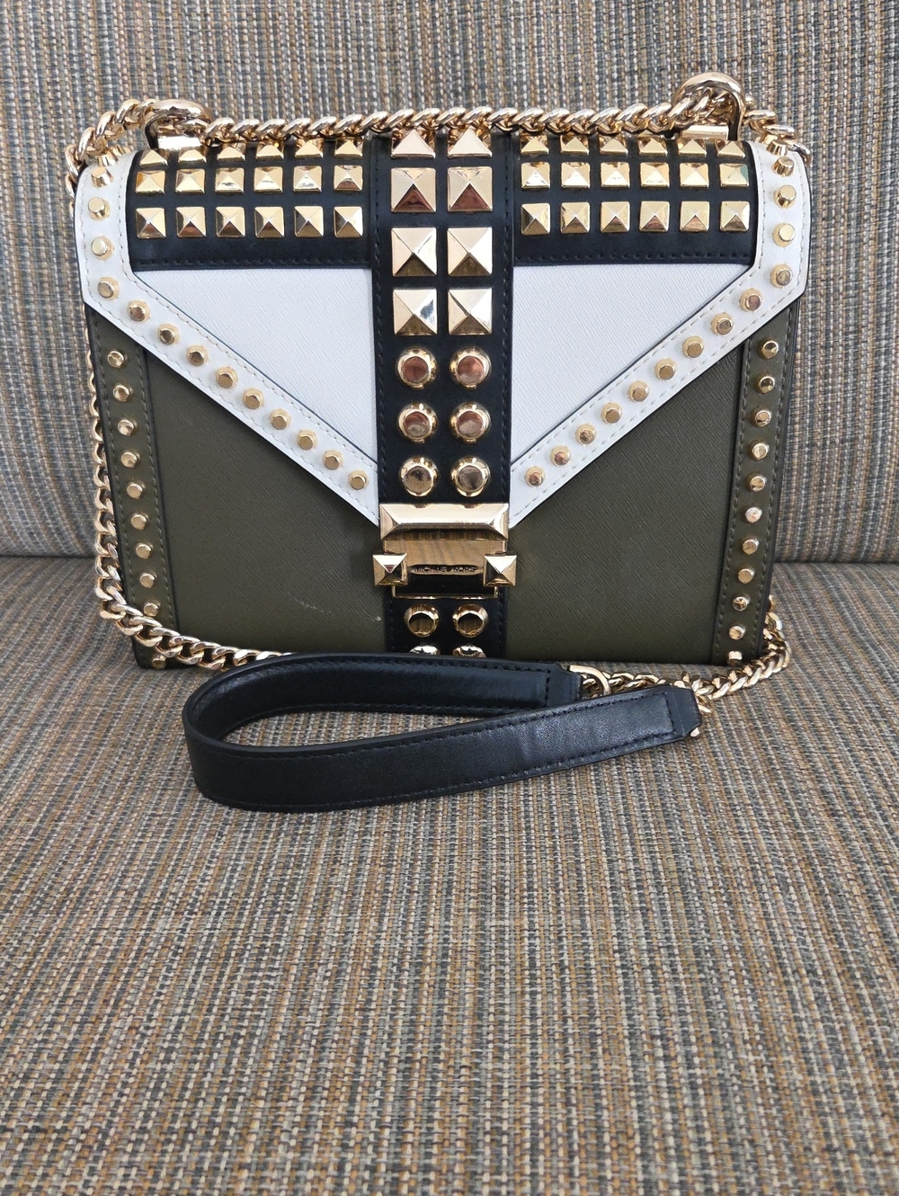 Michael Kors Whitney Olive White & Black Studded Chain Convertible Bag